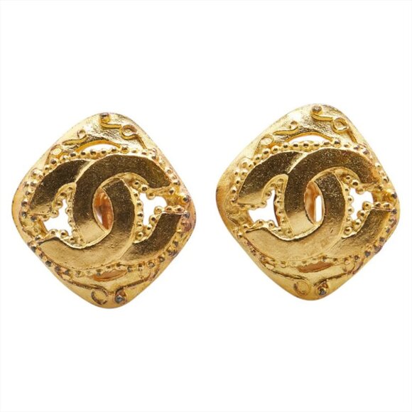 CHANEL CC Logos Rhombus Clip-On Earrings Gold Tone 96A Auth w/Box #03060 - Picture 1 of 5